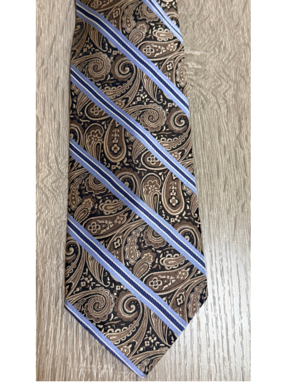 Pronto Uomo Men’s Silk Tie Brown Blue Paisley Stripe 3.5” b9